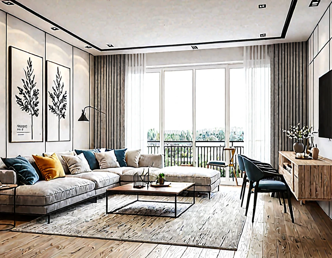 Nordic interior style, living room design renderings, daytime, sharp details
