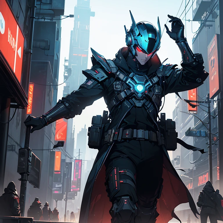 (best qualityer:1.3), (best performance:1.2), (Best illustration:1.2), (comic style:1.2), (artistic cinematic lighting:1.2) (1 men) wearing futuristic electronic robes Cyberpunk technological, its body is covered in metallic parts, in a cinematic horror movie setting in a futuristic Cyberpunk city, (using a technological electronic helmet:1.2)