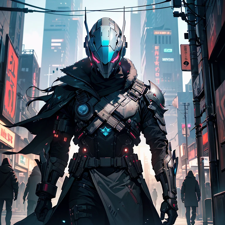 (best qualityer:1.3), (best performance:1.2), (Best illustration:1.2), (comic style:1.2), (artistic cinematic lighting:1.2) (1 men) wearing futuristic electronic robes Cyberpunk technological, its body is covered in metallic parts, in a cinematic horror movie setting in a futuristic Cyberpunk city, (using a technological electronic helmet:1.2)