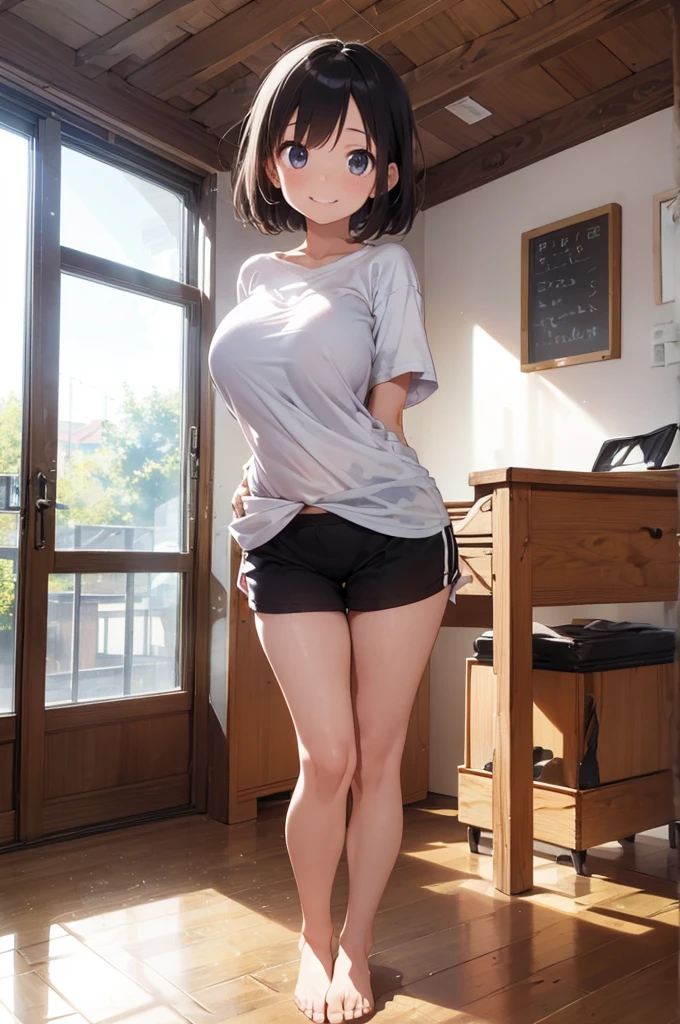 A girl, , cute smile girl, ((baggy T-shirt, oversized, T-shirt)), ((huge breasts)), black A-line pixie cut, in wooden floor school gym, half open mouth, (standing),  ((barefoot)), view from front, barefoot