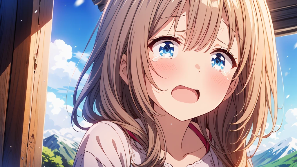 70-year-old grandma、(((Highest quality、Masterpiece、Official Art、The best dynamic composition、HD、Super detailed)))、Gray and blue gradation hair、overhead shot, upper body, snow mountain, concept art, shedding tears、He kneels on the ground, looking up at the sky with a sad expression on his face.、Shouting with a big mouth、