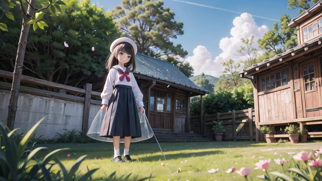 (masterpiece),  town,  blue sky,  One Girl,  smile,  alone,  Sailor suit、Long skirt,  Overgrown,  petal,  plant、Skirt lining、Translucent slip、Nostalgic