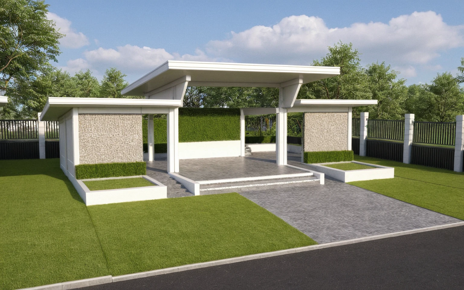 Masterpiece, high quality, best quality, authentic, super detail, outdoors, huts style modern, white wall, glass windows, gate road,pavement, grass, trees,blue sky, cloud, (day:1.1), realistic lighting