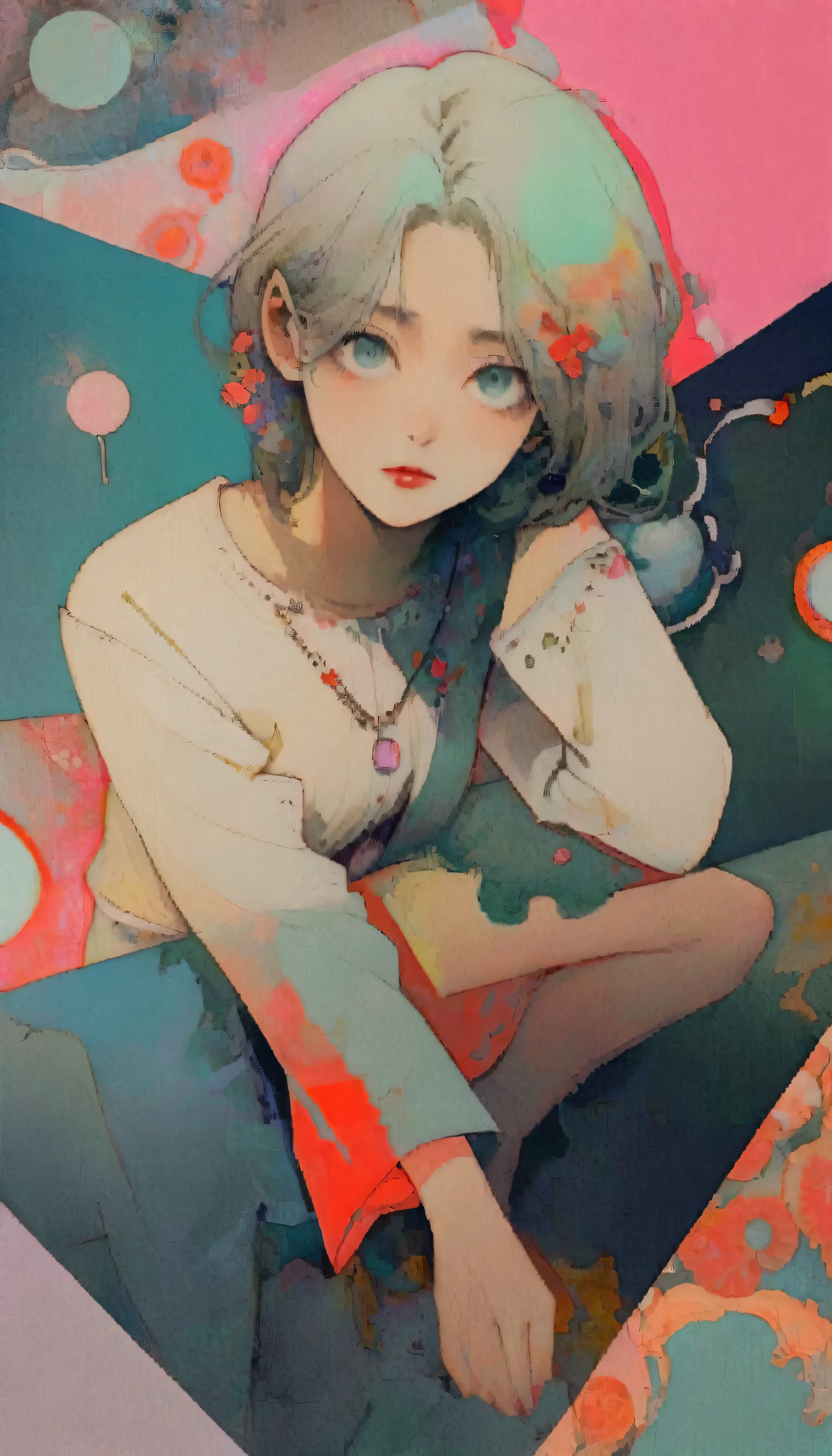 Create a potrait dramatic contemporary digital art from a collage mixed with elements of retro, surrealism, and vintage aesthetics, centering on a intricate details full body of beautiful woman with dramatic blank stare with a pose that is not stiff, details hand