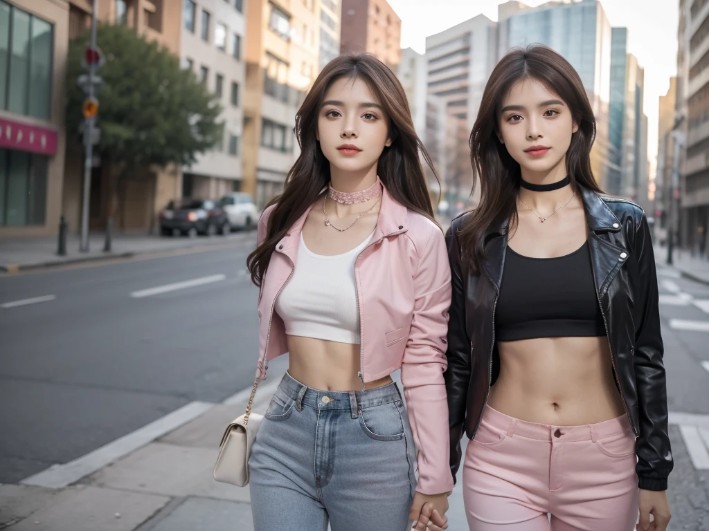 Obra maestra, La mejor calidad, ultra-high resolution, Foto de alto detalle, Unidad 8K Fondo de pantalla, CG extremadamente detallado:1.2), depth of field, bokeh, (Foto RAW:1.realistic photography:1.4), two girls, (2girl:1.5), joven, physically based representation, beautiful, (Cara finamente detallada:1.4, Ropa detallada), (Detallado:1.4) named (Eimi Fukada:1.1) BREAK Cara hermosa, Profundidad de campo, Agregar capa, hiperrealista, 27 years old, Modelo de cuerpo perfecto, senos perfectos, 175cm de altura, pose sexy, full body, cuerpo completo, Tipo de cuerpo del modelo, BREAK (extreme skin details:1.1), skin details, (black jacket:1.3), (white tight crop top:1.3), (demin pants:1.3), (statement choker, necklace:1.3), BREAK (pink tight jacket:1.3), (demin pants:1.3), (beenie:0.3) doble parpado BREAK smile, Seductive alluring pose, standing next to a window, street, street view