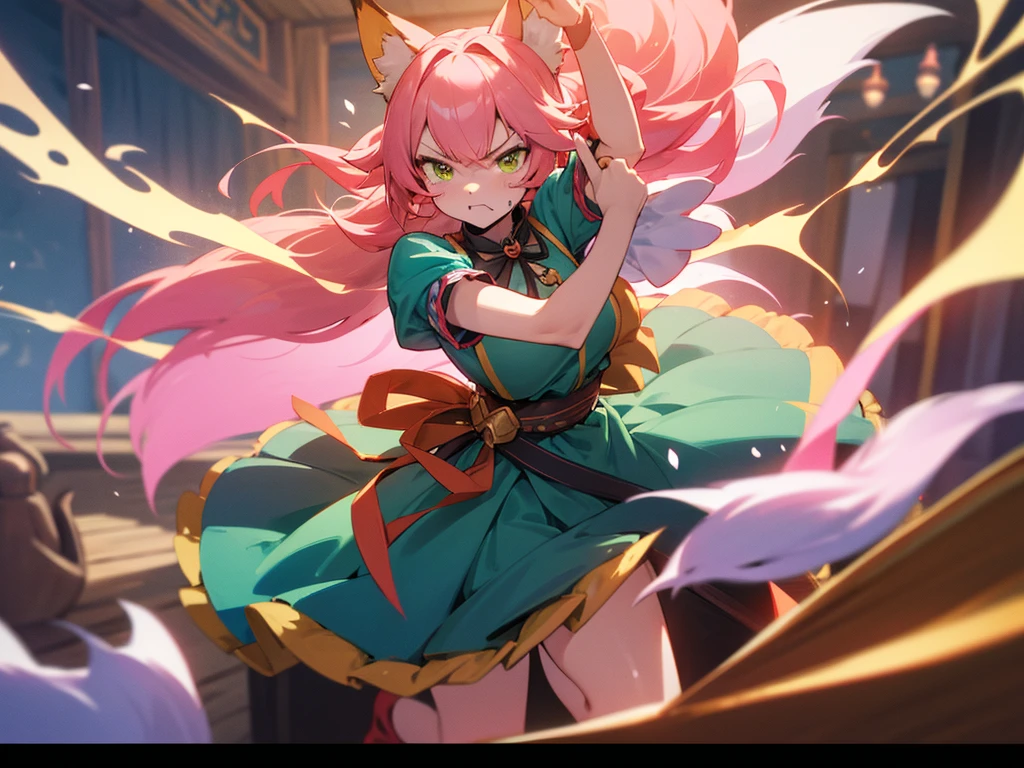 kitsune idol in a tavern, foxgirl, fox ears, fox tails, pink hair, green eyes, light blue idol dress, tavern background, high quality, masterpiece, angry face