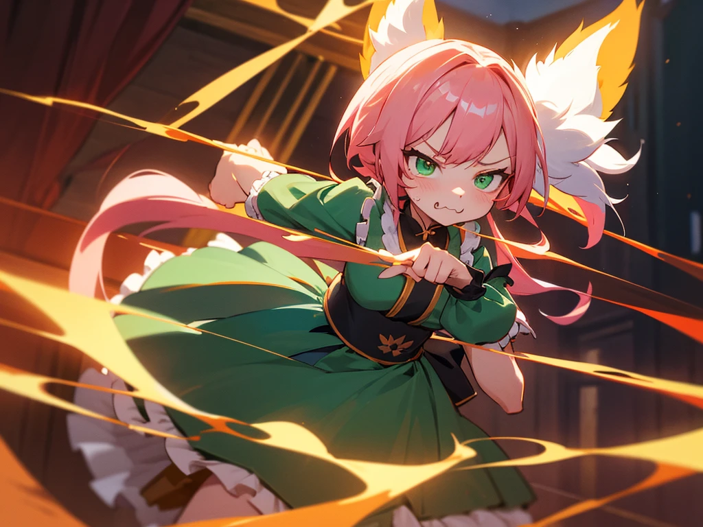 kitsune idol in a tavern, foxgirl, fox ears, fox tails, pink hair, green eyes, light blue idol dress, tavern background, high quality, masterpiece, angry face