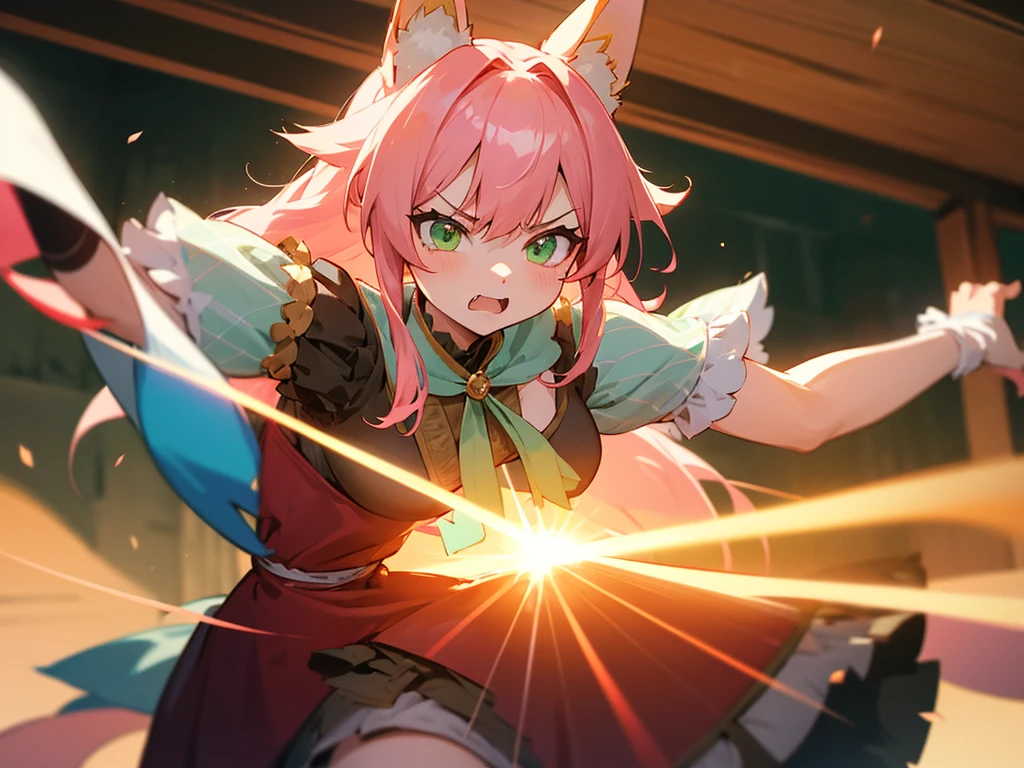 kitsune idol in a tavern, foxgirl, fox ears, fox tails, pink hair, green eyes, light blue idol dress, tavern background, high quality, masterpiece, angry face