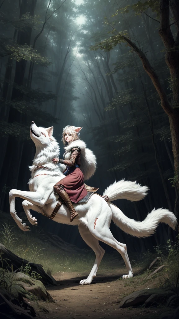 Official Art, Unity 8K wallpaper, Very detailed, beautiful, beautiful, masterpiece, best quality, Painting of a woman riding a white wolf in the forest, studio ghibly style ghost, Riding a giant silver wolf, artwork in the style of Gewirtz, princess ghost inspired, Gewirtz, Gewirtz on artstation pixiv, Gewirtz on pixiv artstation, ghost, Furry Fantasy Art