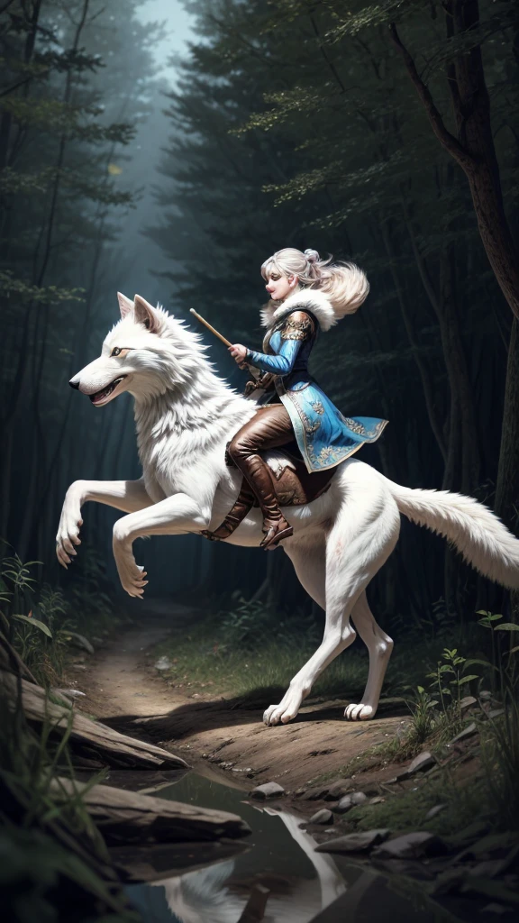 Official Art, Unity 8K wallpaper, Very detailed, beautiful, beautiful, masterpiece, best quality, Painting of a woman riding a white wolf in the forest, studio ghibly style ghost, Riding a giant silver wolf, artwork in the style of Gewirtz, princess ghost inspired, Gewirtz, Gewirtz on artstation pixiv, Gewirtz on pixiv artstation, ghost, Furry Fantasy Art