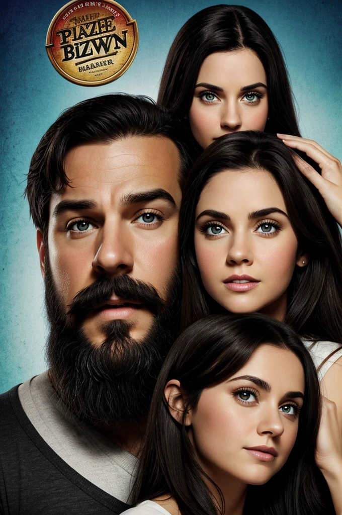 Disney pizzar type poster that has a couple, The woman is brunette with slightly slanted black eyes., long, straight black hair round face the man is white bearded brown big eyes dark brown 