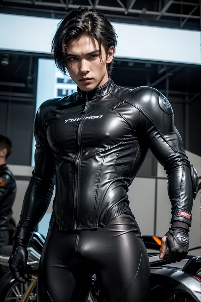 man, with motorcycle suit, model, high, with muscular body, with short black hair, modeling.