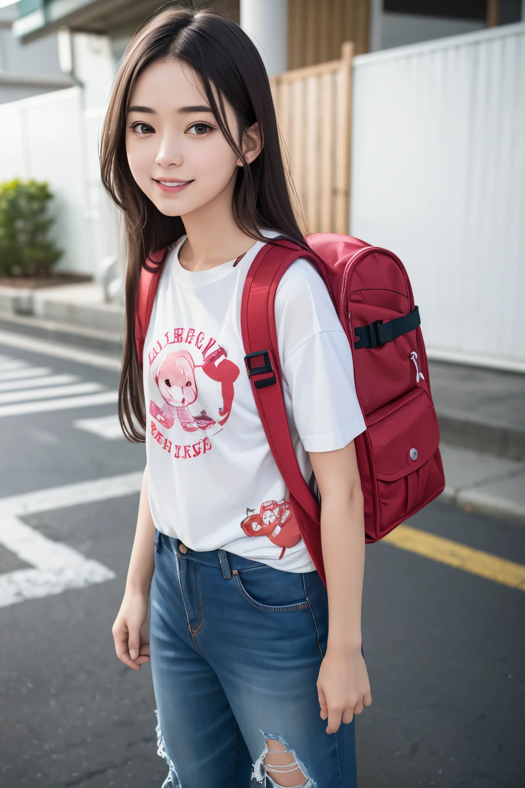 Masterpiece, hd, realistic, 1girl, 20 y.o, black hair, ponytail, wear white shirt, denim minipants, wear sneakers, carries red backpack, (backpack:1.2), standing, fullbody, city