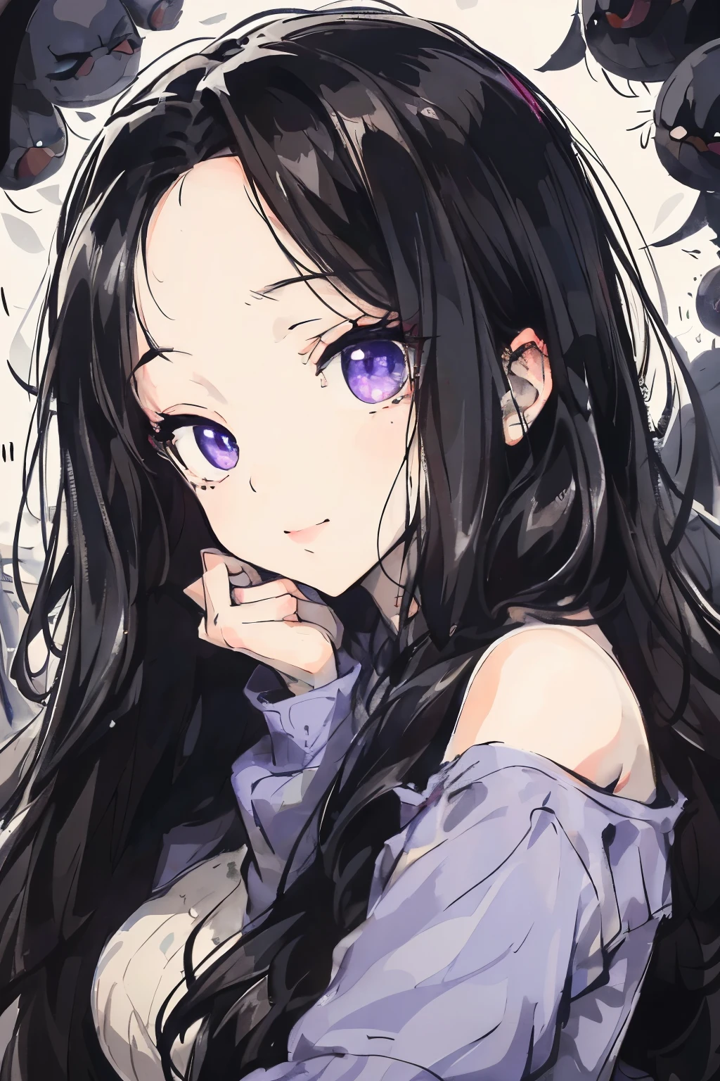 ((Best Quality)), ((Masterpiece)), (detailed),A young woman with jet black hair that falls in soft waves over her shoulders, delicately framing her face. His eyes shine in deep purple tones, with flashes of mystery and curiosity. A slight smile plays on his lips, providing a touch of sweetness and confidence. The dark background highlights your figure, making your intense gaze the center of attention