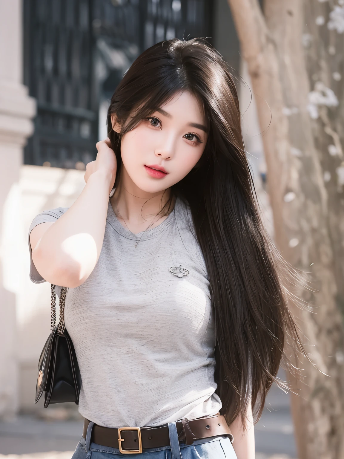 masterpiece, Best quality,Girl with dark brown hair，Facing the camera，Middle parted bangs hairstyle，Long straight hair，黑茶色Long straight hair，23 years old，Chinese Girl，Sweet girl，a girl，Exquisite facial features，
