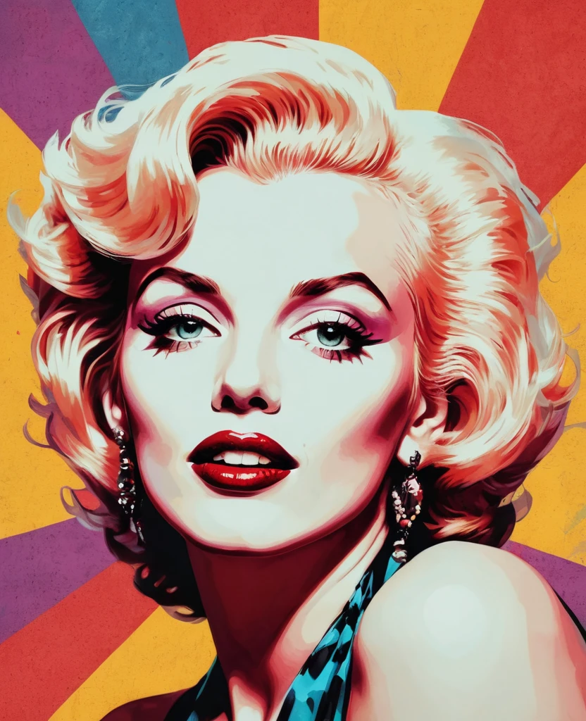 a 1980s pop art style portrait of Marylin Monroe, punk, pop art, stylized, bold colors, photo and illustration hybrid