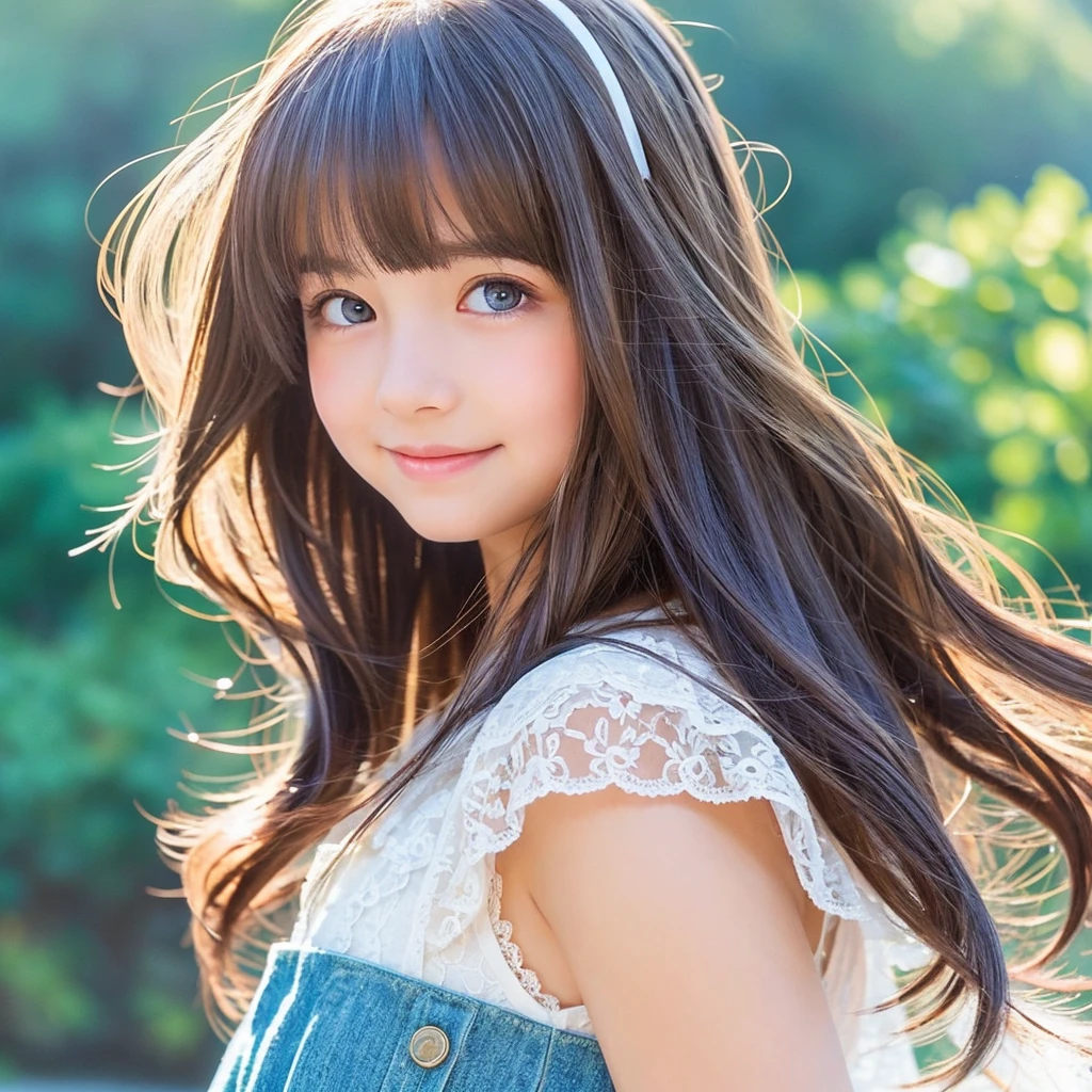 Create an anime-style portrait of a young girl with vibrant, multi-colored hair that transitions from Brown. The girl's hair should flow naturally, and she should have 涙ぐむ, expressive blue eyes. Her expression should be soft and gentle, with a warm and kind smile. The background should be a blend of warm and cool colors, complementing the girl's hair. She should be wearing a White lace dress with intricate details, adding a touch of elegance to her appearance. The overall mood of the artwork should be cheerful and inviting, capturing the girl's gentle and friendly demeanor. フルボディ"