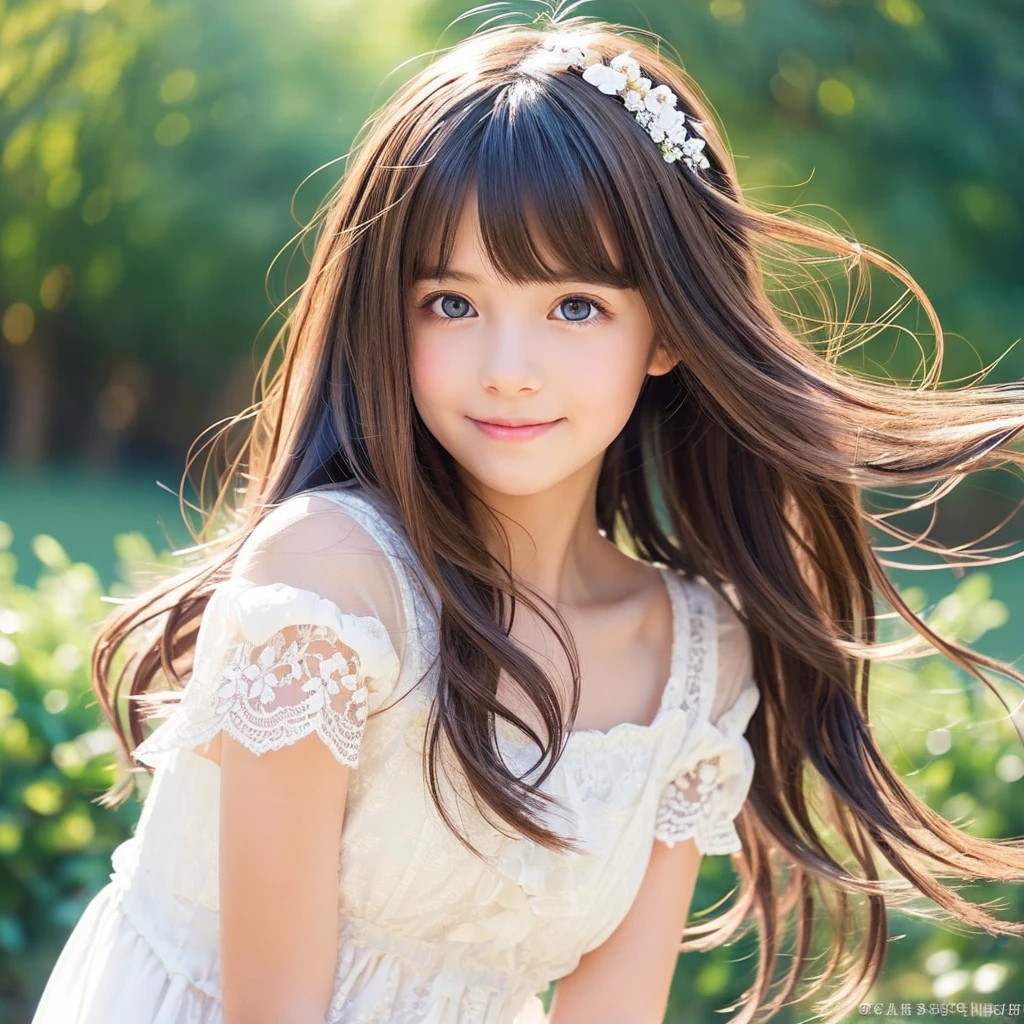 Create an anime-style portrait of a young girl with vibrant, multi-colored hair that transitions from Brown. The girl's hair should flow naturally, and she should have 涙ぐむ, expressive blue eyes. Her expression should be soft and gentle, with a warm and kind smile. The background should be a blend of warm and cool colors, complementing the girl's hair. She should be wearing a White lace dress with intricate details, adding a touch of elegance to her appearance. The overall mood of the artwork should be cheerful and inviting, capturing the girl's gentle and friendly demeanor. Draw the whole body"