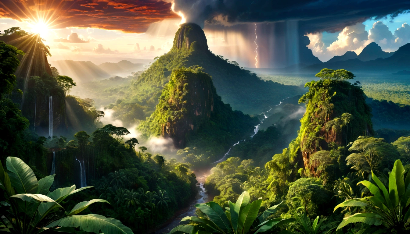 ((masterpiece)), ((best quality)), ((Extremely detailed)), (Astonishing:1.1), beautiful, nature, sky and ground, (Sunrise Time), Strong wind, Rain, Line Cloud,Rays of light coming from the clouds, Located in a remote jungle, Award-winning photos, BLN-L24, touch,High contrast,Low saturation,High saturation 8k 3D, F2.8 Lenses, Aerial View,