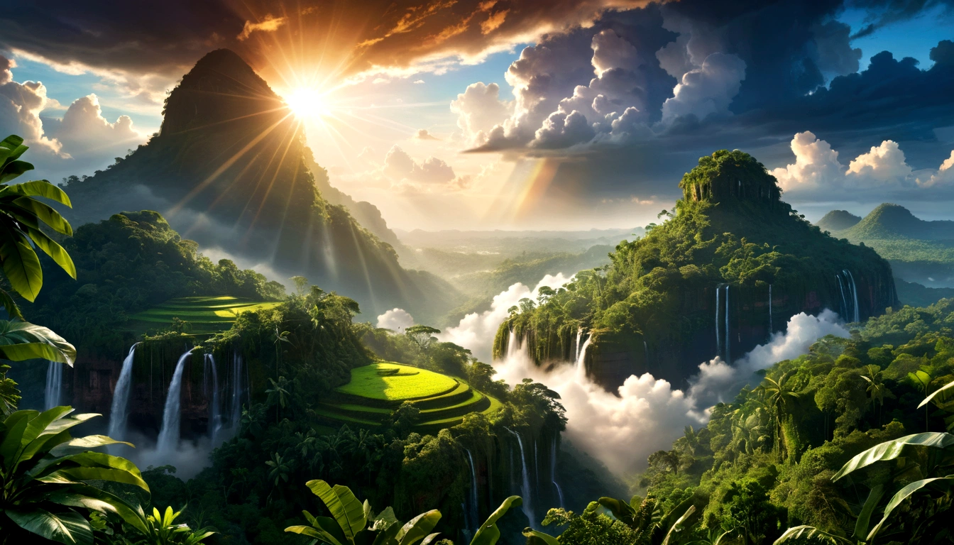((masterpiece)), ((best quality)), ((Extremely detailed)), (Astonishing:1.1), beautiful, nature, sky and ground, (Sunrise Time), Strong wind, Rain, Line Cloud,Rays of light coming from the clouds, Located in a remote jungle, Award-winning photos, BLN-L24, touch,High contrast,Low saturation,High saturation 8k 3D, F2.8 Lenses, Aerial View,