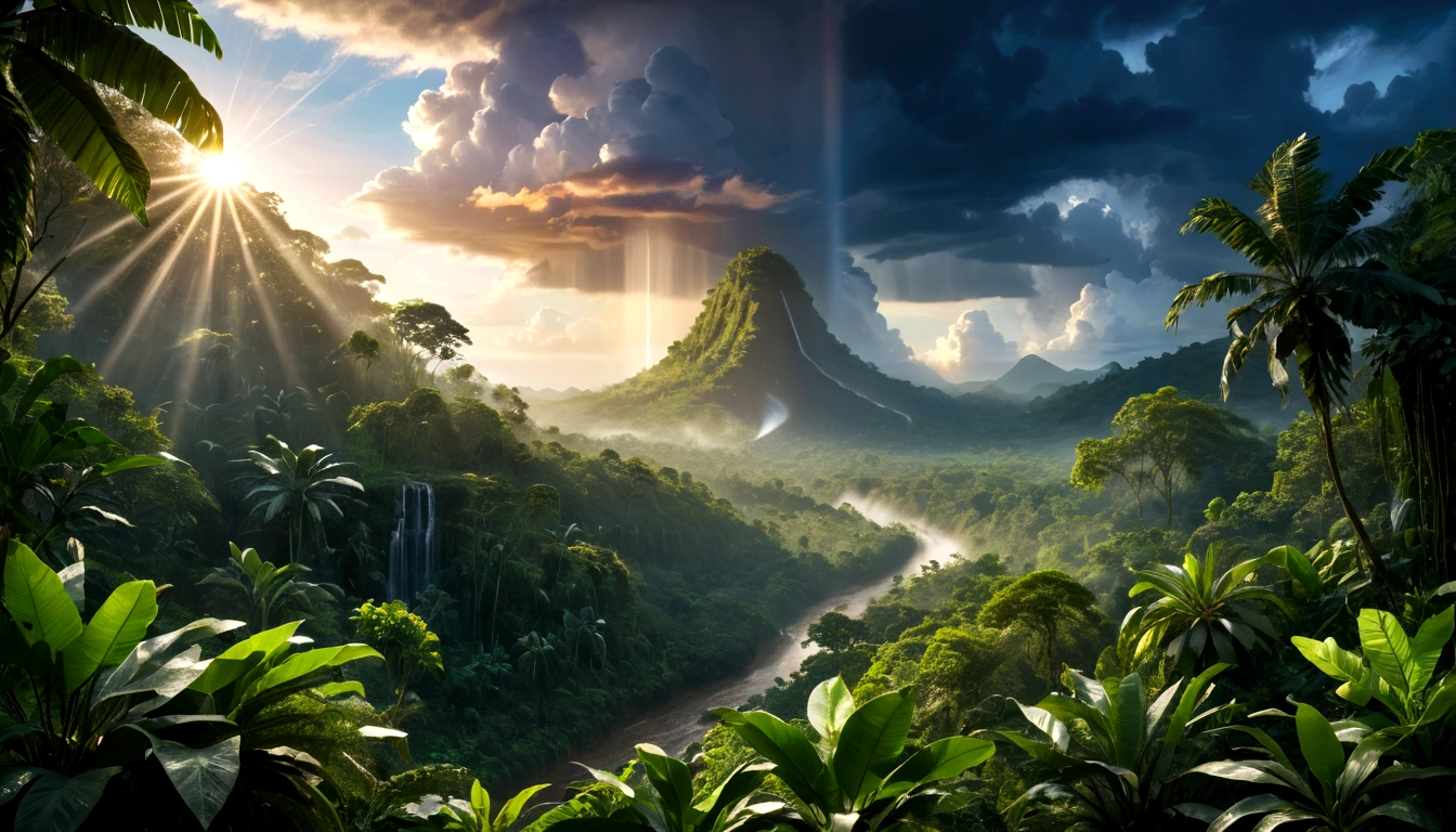 ((masterpiece)), ((best quality)), ((Extremely detailed)), (Astonishing:1.1), beautiful, nature, sky and ground, (Sunrise Time), Strong wind, Rain, Line Cloud,Rays of light coming from the clouds, Located in a remote jungle, Award-winning photos, BLN-L24, touch,High contrast,Low saturation,High saturation 8k 3D, F2.8 Lenses, Aerial View,