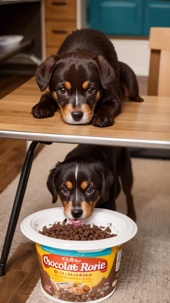 A small chocolate dog eating dog food
