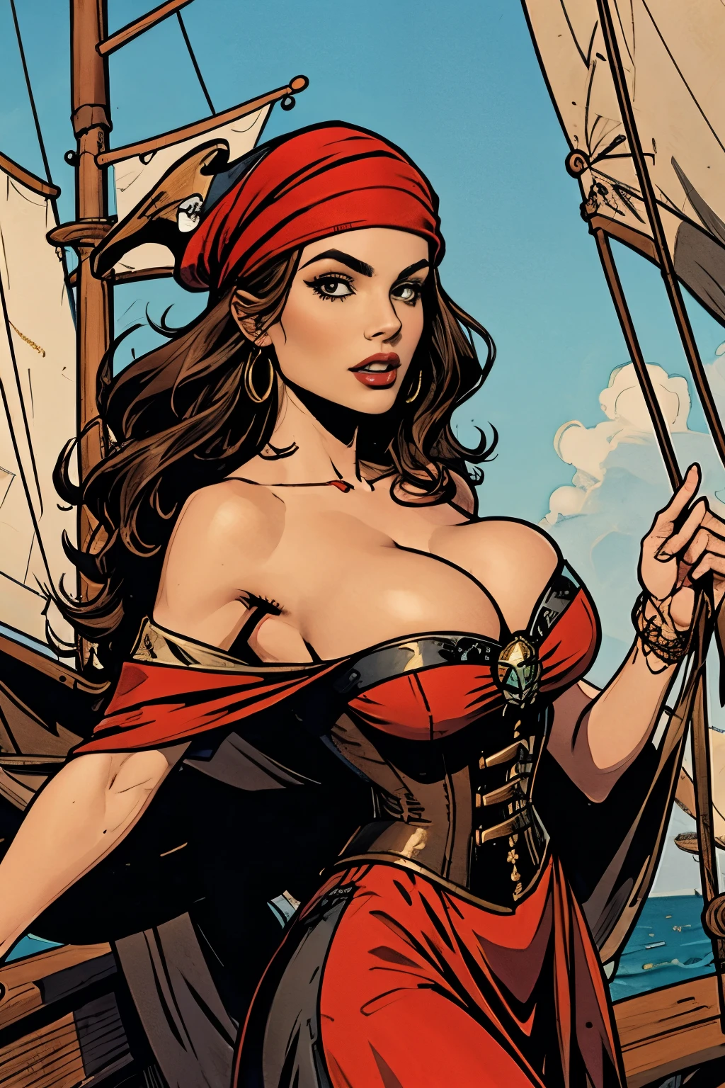 Gorgeous and sultry busty athletic (happy) brunette with sharp facial features, long hair, large breasts wearing a pirate dress, off-shoulder, corset, long red dress, pirate hat, do-rag. On a pirate ship.