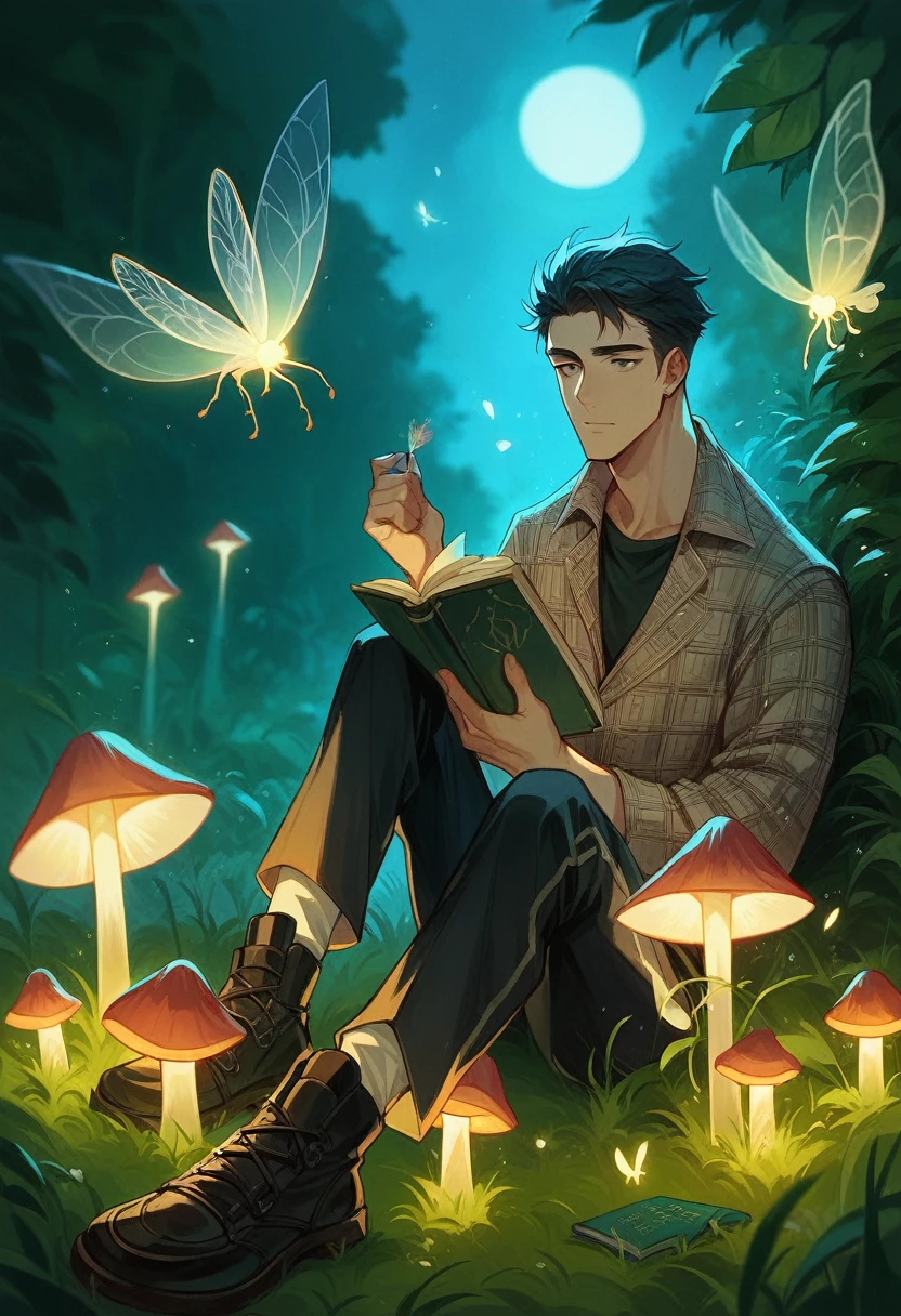 "Several neon-lit Amanita muscaria mushrooms live among the grass at night. The reflection of the moonlight creates a beautiful picture. A handsome Korean man wearing trendy and cool clothes sits peacefully while reading a book accompanied by beautiful fairies flying like fireflies