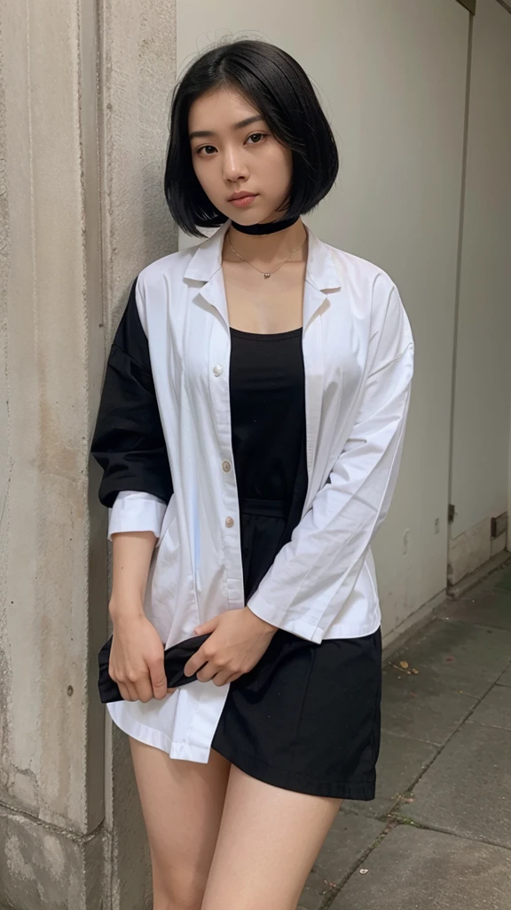 20 year old Asian woman, short straight black hair, with a nun&#39;s habit, semi nude showing full body, barefoot 