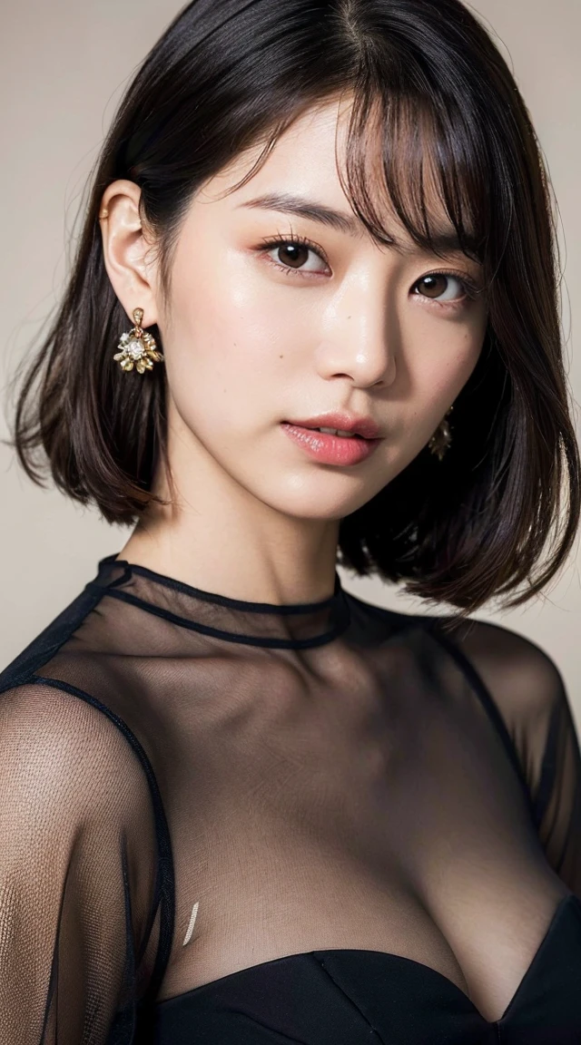 (8k, RAW Photo, Best Quality, Masterpiece:1.2), Ultra Detail, Super Resolution, (Realistic, Realistic Photo:1.37), Portrait, High Detail RAW Color Photo, Professional Photo, Extremely Detailed and Beautiful, Extremely detailed, 8k wallpaper, amazing and detailed, huge file size, official art, highly detailed CG unity 8k wallpaper, highly detailed beautiful girl, highly detailed face, highly detailed eyes, highly detailed skin, highly detailed fingers, highly detailed nose, very detailed detailed mouth , perfect anatomy, highly detailed background, highly detailed clothes, 1girl, (20:1.2), 20s, cute girl, realistic body, , fair skin, glowing skin , slim body, handsome body, black hair , short hair, (blunt bangs:1.2), smile, cute, youthful, cute face, realistic face, delicate eyes, drooping eyes, lingerie, see-through, earrings, looking at viewer, cowboy shot, facing front, standing posture, Contraposto, dynamic lighting, very large breasts, cowboy shot