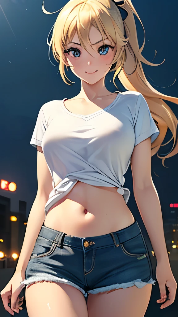 Anime Kawaii sexy Perfect Slim sensual body large breast and huge thighs, An intricate and highly detailed illustration of anime (Young girl). (8k、Superior image quality、Maximum quality、Masterpiece artwork)、A detailed face、1 girl in、A brunette、hypdertailed、clear blue eyes、piercings、sorriso nefasto、very Bigger breasts、white  shirt、sleeveless、Broad Hips、light blue denim、Long pants、cowboy shot、put your hands on your hips、ass pov、city background