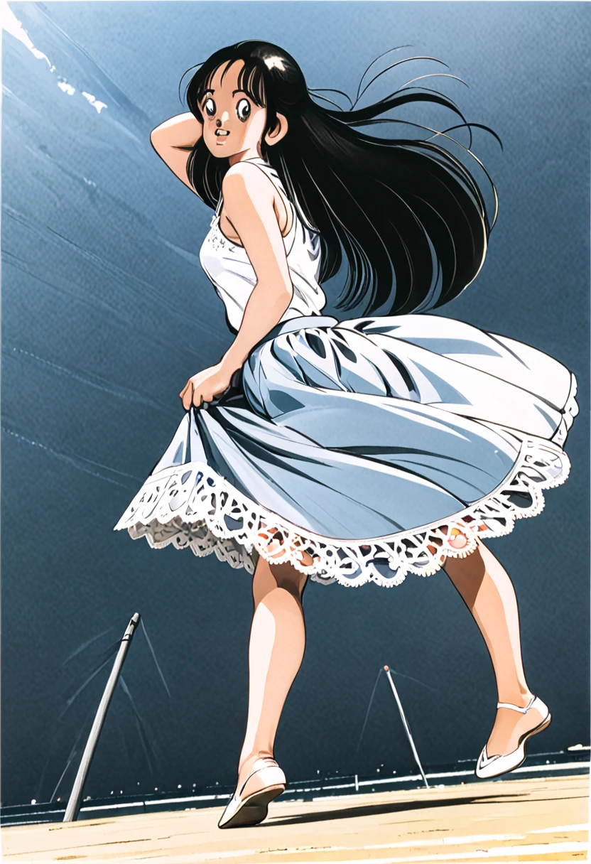 音無響子
Low - Angle、
Low - Angle、Long skirt、Hold down your skirt that is being blown up by the strong wind、Anime white panties in a strong wind、Crotch is visible
ローレグのパンツ、Color: White、
Crotch is visible、
、Lined、White lace lining、

