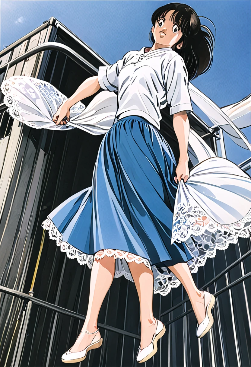 音無響子
Low - Angle、
Low - Angle、Long skirt、Hold down your skirt that is being blown up by the strong wind、Anime white panties in a strong wind、Crotch is visible
ローレグのパンツ、Color: White、
Crotch is visible、
、Lined、White lace lining、