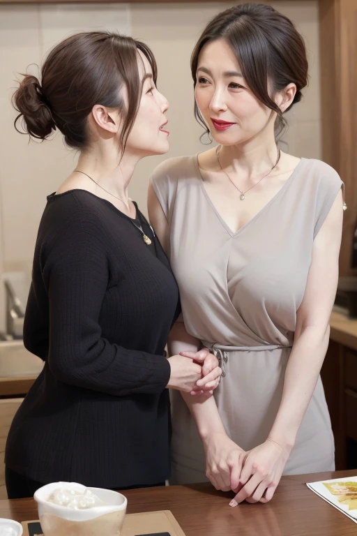 8K, 美しく成熟したTwo Women, Two Women, 55-year-old Japanese woman, ring, Fine Lines, Long eyelashes, Sparkling eyes, Bob Hair, Low Ponytail, Red lipstick, Large Breasts,  Pearl Necklace,  lingerie, functional, Browsing Caution, Lesbian, Sex, Love each other, Embrace, Deep Kiss