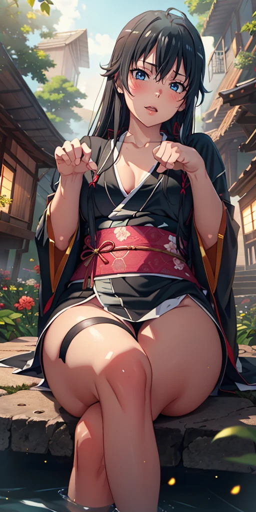 score_9, score_8_up, score_7_up, score_6_up, uncensored, BREAK,
yukinoshita yukino is standing, paw pose,
1girl, mature female, solo,
looking at viewer, naughty face, half-closed eyes, head tilt, parted lips, bimbo,
black hair, long hair, thick lips, grey eyes,
, thigh boots, shiny skin, small breasts, belly,
long sleeves, sitting, thighs, outdoors, japanese clothes, sky, barefoot, day, wide sleeves, kimono, water, flower, spotlight, tree, legs, sash, bare legs, obi, crossed legs, nature, black kimono, short kimono, reflective, (fog:1.3), fireflies,