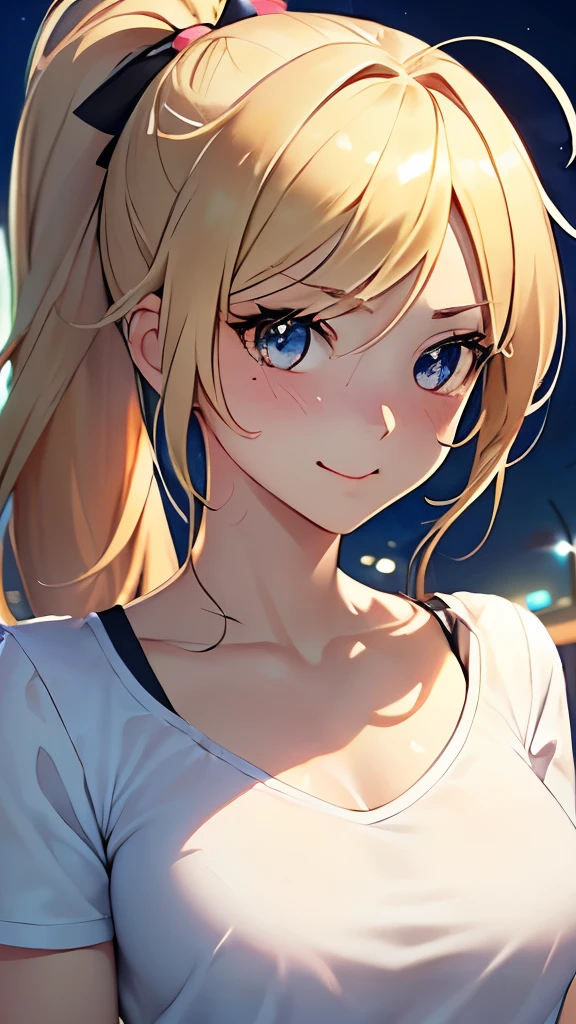 ((masterpiece, Highest quality, High resolution, 超High resolution, Pixel perfect, Depth of written boundary, 4K, RTTX 10.0, High resolution))), One girl, single, alone, Beautiful Anime Girls, Beautiful art style, Anime characters, ((Blonde ponytail, Long Hair, Ahoge)), (Sunburned skin: 1.2), ((black eye:1.4, Round eyes, Beautiful eyelashes, Realistic eyes)), ((Detailed face, Blushing:1.2)), ((Smooth texture:0.75, Realistic texture:0.65, Realistic:1.1, Anime CG Style)), Medium chest, Dynamic Angle, Perfect body, Dynamic pose, ((close, throw, cute, Shoot in the face, smile, Open your mouth)), Hair Ribbon, White T-shirt,In front of the station at night, with no people around, face close-up