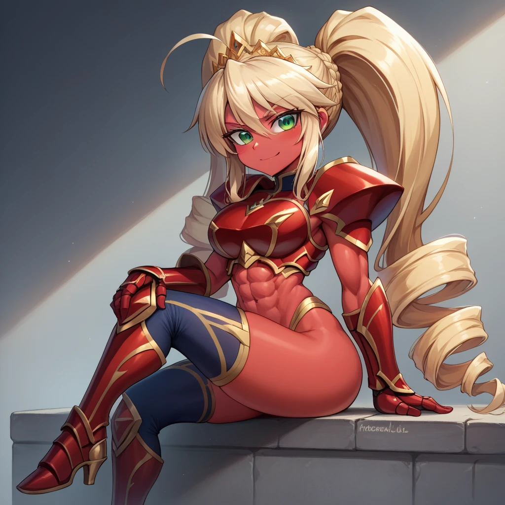 Lancer Artoria, elegant adult female, blonde, green eyes (yellow eyelashes) crown, turtleneck, full body sitting on a bench, showing ass to me, RED breastplate, RED skin (1SologirlRED skin:1.2), looking at viewer, shiny, armor, thigh highs, high boots, pauldrons shoulder armor, faulds, poleyn, RED gloves gauntlets, rerebrace, RED military armored boots, yordle muscular lean platinum blonde long twin tails hairstyle at the bedroom lustful smirking smile face red blushed, blush, strong abs, female body builder, tiara, twin drills hair, (masterpiece, best quality, ultra detailed, best shadow)