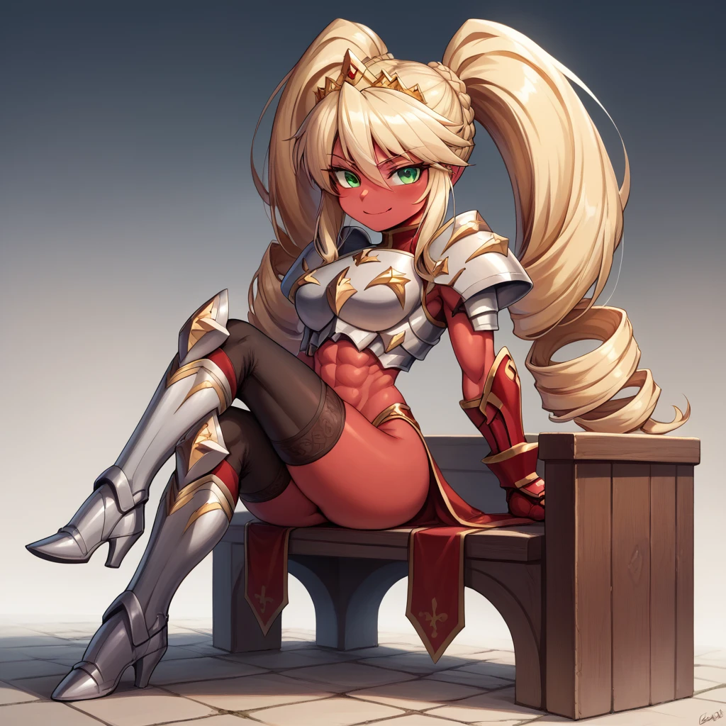 Lancer Artoria, elegant adult female, blonde, green eyes (yellow eyelashes) crown, turtleneck, full body sitting on a bench, showing ass to me, RED breastplate, RED skin (1SologirlRED skin:1.2), looking at viewer, shiny, armor, thigh highs, high boots, pauldrons shoulder armor, faulds, poleyn, RED gloves gauntlets, rerebrace, RED military armored boots, yordle muscular lean platinum blonde long twin tails hairstyle at the bedroom lustful smirking smile face red blushed, blush, strong abs, female body builder, tiara, twin drills hair, (masterpiece, best quality, ultra detailed, best shadow)