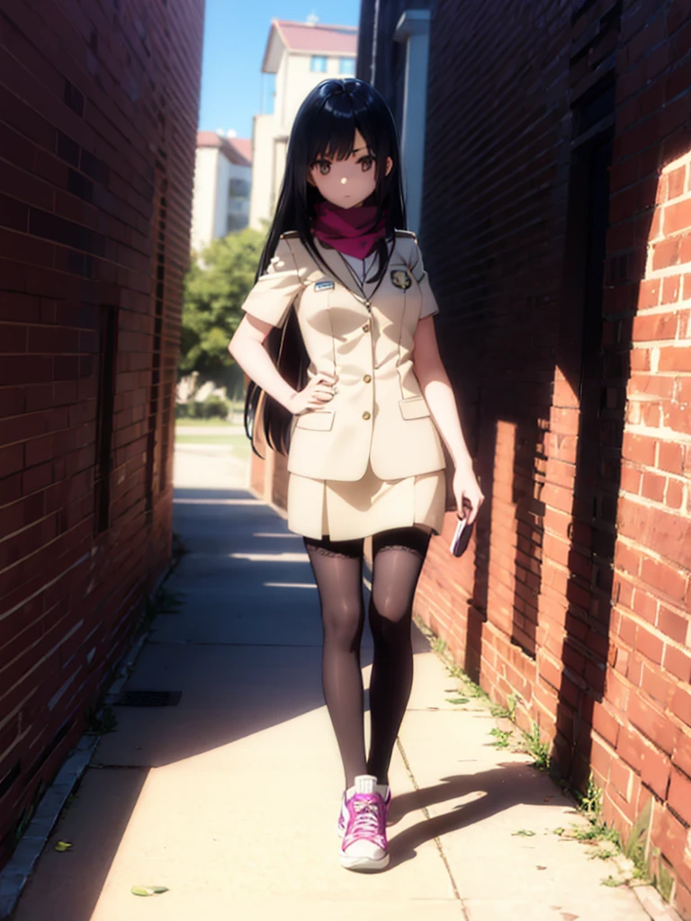 1girl,,legwear,,anklet,black hair,straight_hair,hime cut,long hair,sneakers,huge filesize,scarf,Uniforms,lace