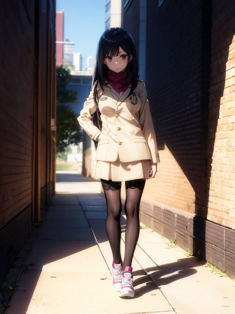 1girl,,legwear,,anklet,black hair,straight_hair,hime cut,long hair,sneakers,huge filesize,scarf,Uniforms,lace