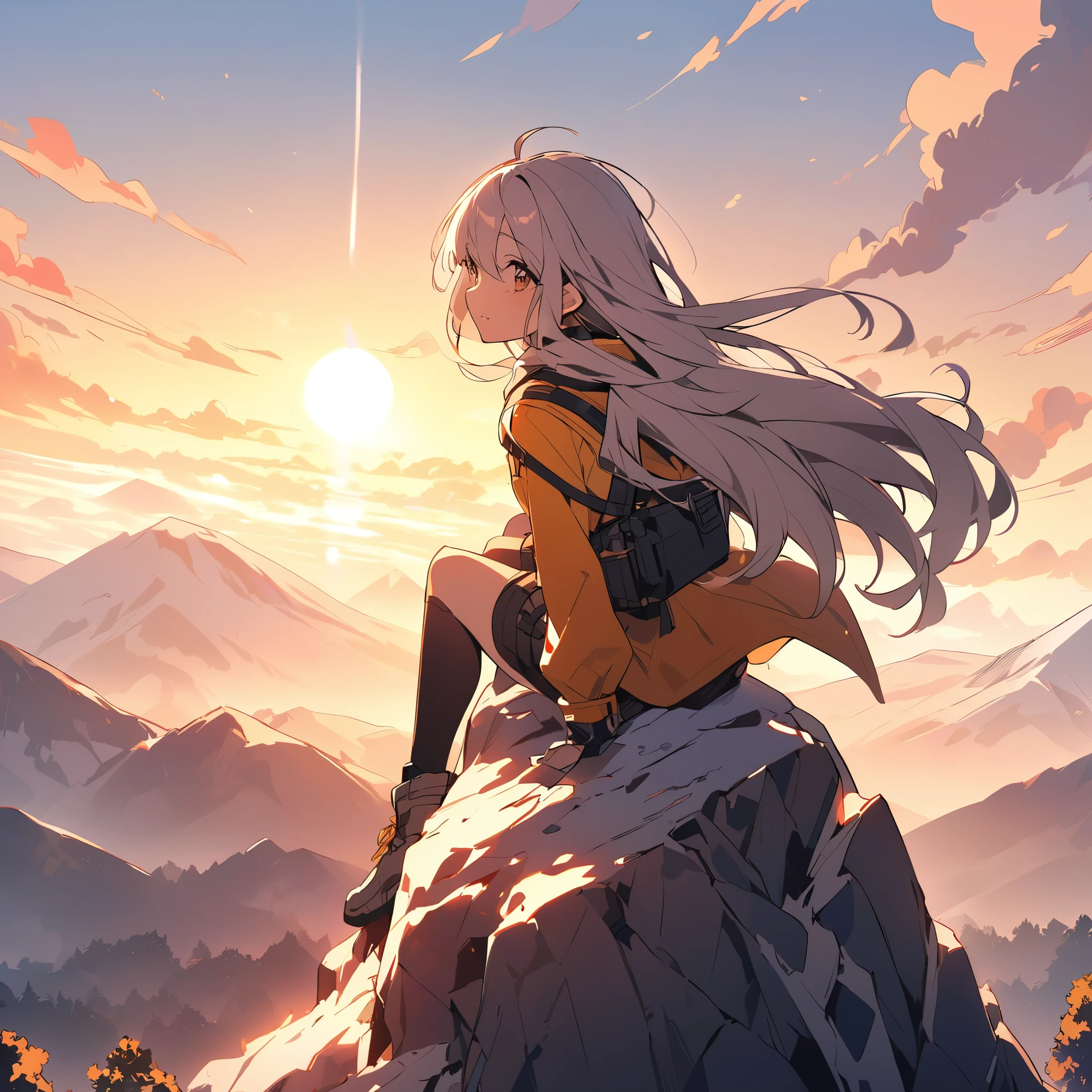 A female adventurer sitting on the top of a mountain watching the sunrise