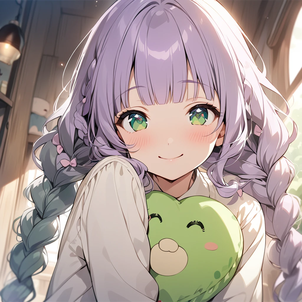 (Cute a girl:1.5), (masterpiece:1.3), anime visual, (a gril with semi long twin braids wavy hair, pale purple blunt bangs hair, dark green eyes,smiling:1.3), (Lovey-dovey:1.5), (tilt head:1.3), extremely delicate face,