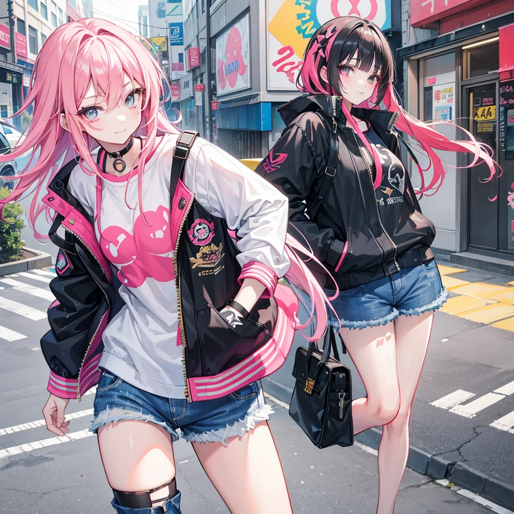 "Using advanced artificial intelligence technology, create an image of a young anime protagonist with a charming and lively style. She has short fluffy bright pink hair, with locks that fall messily over his youthful and expressive face. His big, sparkling eyes reflect a mix of determination and curiosity., while a mischievous smile lights up his face. She is dressed in an outfit inspired by Japanese street fashion., wearing a patch-decorated bomber jacket and distressed denim shorts, combining a relaxed style with modern and youthful elements. The background could be an urban park full of bright colors and artistic graffiti, complementing his youthful energy and adventurous spirit."
