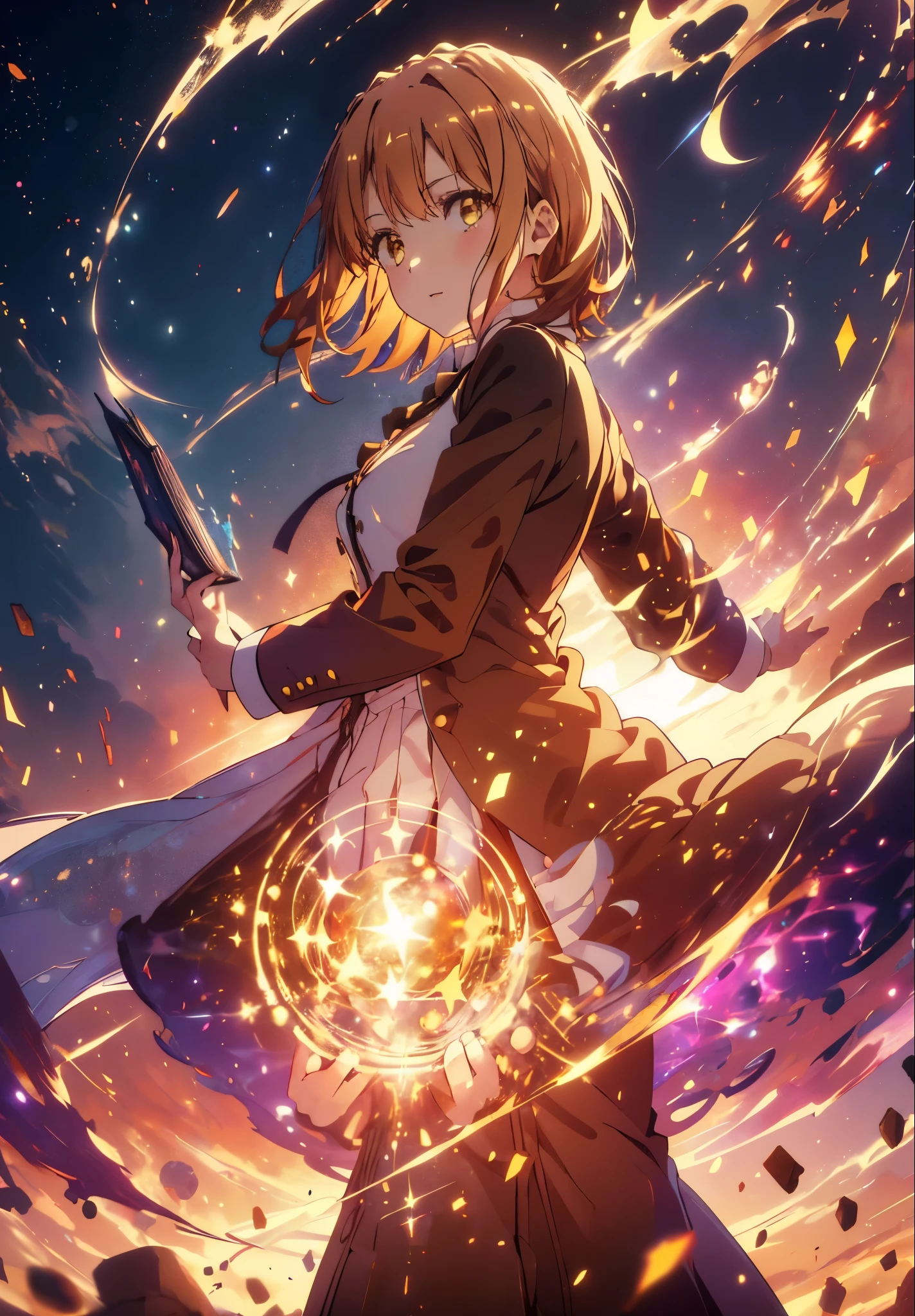 Irohaisshiki, isshiki iroha, Short Hair, Brown Hair, (Brown eyes:1.5), smile,((Night Sky)),((Big full moon)),((Sparkling and colorful stars)),Fluffy hair,((Idol style costume with soft volume)),Long skirt,Holding a magic book in his right hand,Uses magic with left hand,((witch)),Rubik&#39;s Square,
break outdoors, forest,forest
break looking at viewer,Upper Body,
break (masterpiece:1.2), Highest quality, High resolution, unity 8k wallpaper, (shape:0.8), (Narrow and beautiful eyes:1.6), Highly detailed face, Perfect lighting, Highly detailed CG, (Perfect hands, Perfect Anatomy),