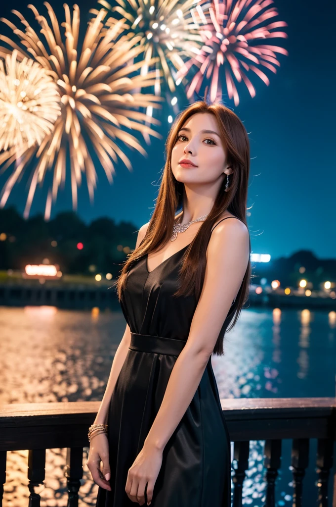 A radiant middle-aged woman with long, straight auburn hair, standing by a riverside at night, watching fireworks. She is dressed in a fashionable, sleeveless black dress with delicate jewelry. The background shows colorful fireworks lighting up the night sky, reflections on the water, and people in the background enjoying the festival. High-resolution, realistic depiction.