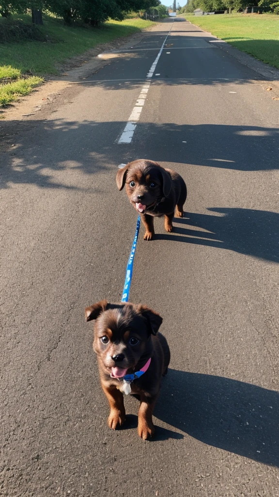 A small chocolate dog taking a walk
