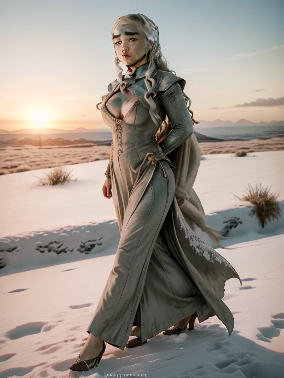 (Game of Thrones:1.5), (full body photo), (Daenerys Targaryen looking at the sunrise:1.5 ), (she has gigantic breasts:1.9), (She's in the clothes sexy regal+extremely tight on body:1.4), (she's walking in a field of snow:1.5), (she has long platinum hair:1.3),  (she has blue eyes:1.3), (she's doing poses+for the viewer), Hyperrealism, 16k, best quality, high details, UHD