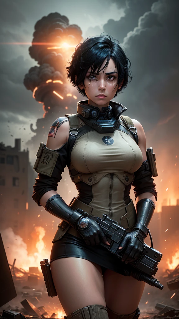 “Create a high-definition image of a devastated metropolis following a nuclear explosion. The central character is a woman with short black hair and brown eyes, wearing a tattered military outfit. She has a glamorous physique and is carrying a machine gun on her shoulder. She looks around with a tearful expression. The sky is overcast, adding to the dramatic, cinematic atmosphere.”