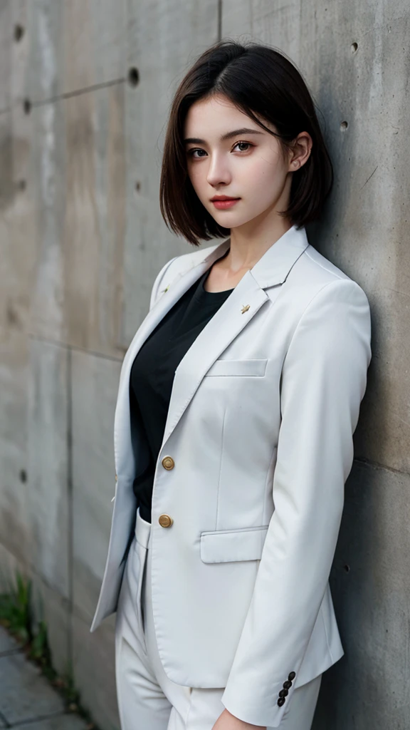((best quality)), photorealistic, photorealism, Photorealistic, high resolution, Beautiful, Baby Face, 20 Years Old, White Skin, pale skin, thick body, Combat pose, ((Detailed face)), short hair, ((wearing business suit, shirt, formal suit, blazer, black trouser)), Fingers are occluded, ((detailed fingers)), concrete wall background, murall grafity wall, front angle, half body close up