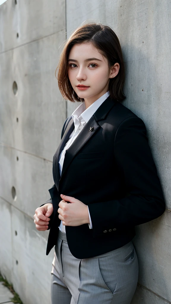 ((best quality)), photorealistic, photorealism, Photorealistic, high resolution, Beautiful, Baby Face, 20 Years Old, White Skin, pale skin, thick body, Combat pose, ((Detailed face)), short hair, ((wearing business suit, shirt, formal suit, blazer, black trouser)), Fingers are occluded, ((detailed fingers)), concrete wall background, murall grafity wall, front angle, half body close up